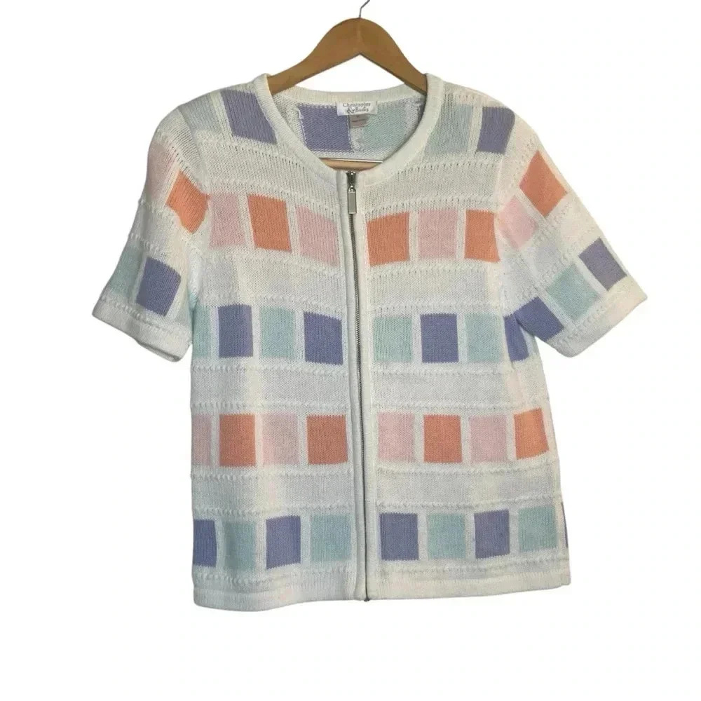 Christopher & Banks White Zip-Front Short Sleeve Cardigan with Pastel Blocks
